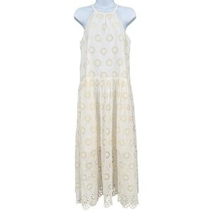 Madewell Floral Eyelet Embroidery Drop-Waist Cotton Maxi Dress Size S Ivory